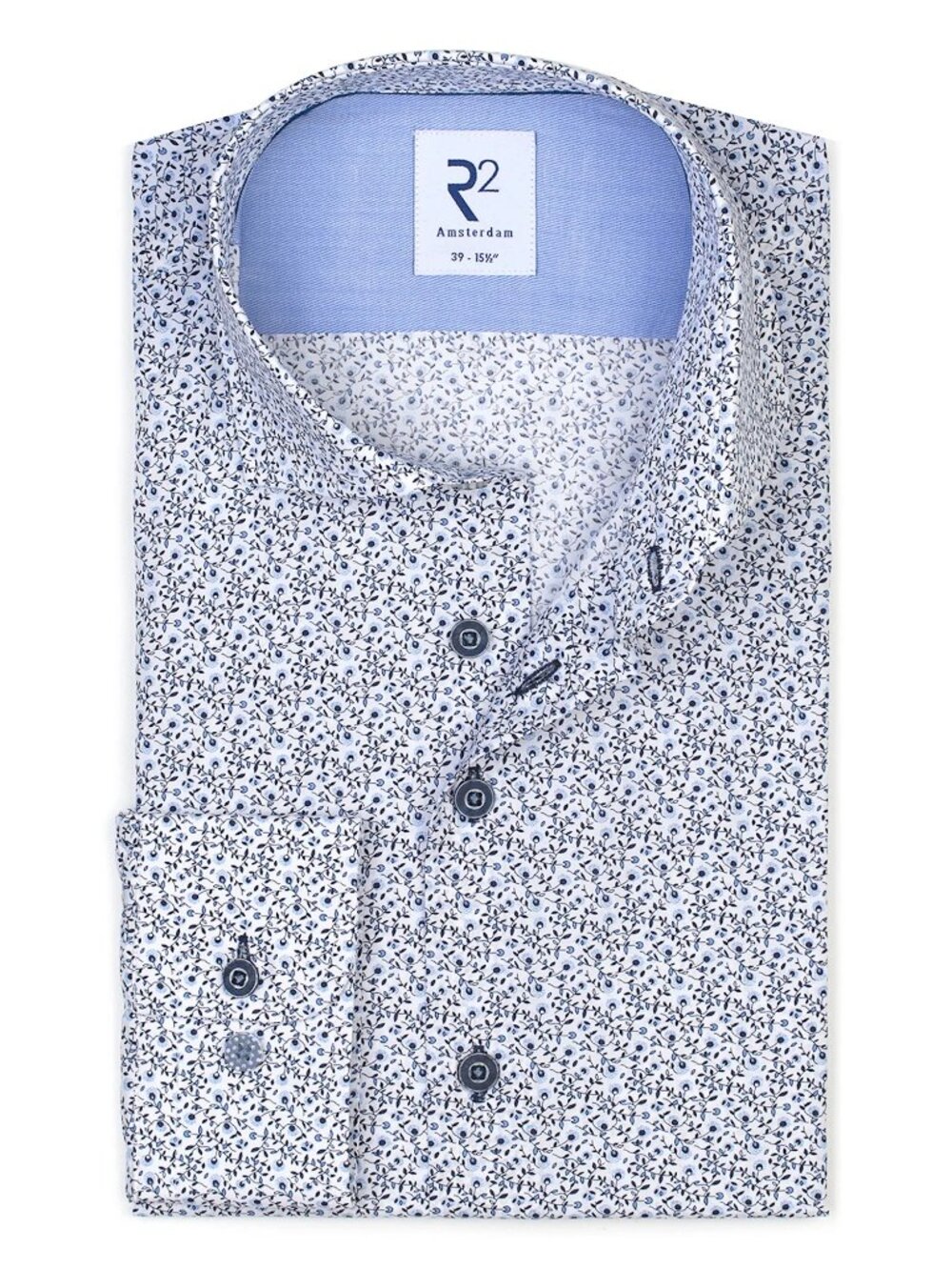 R2 Amsterdam White With Mini Blue Flower Print Long Sleeve Button Up Shirt/5422